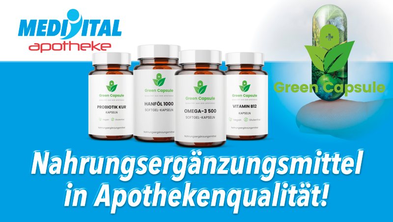 MediVital Apotheke – Green Capsule Nahrungsergänzungsmittel Banner der MediVital Apotheke mit Green Capsule Nahrungsergänzungsmitteln: Probiotik K