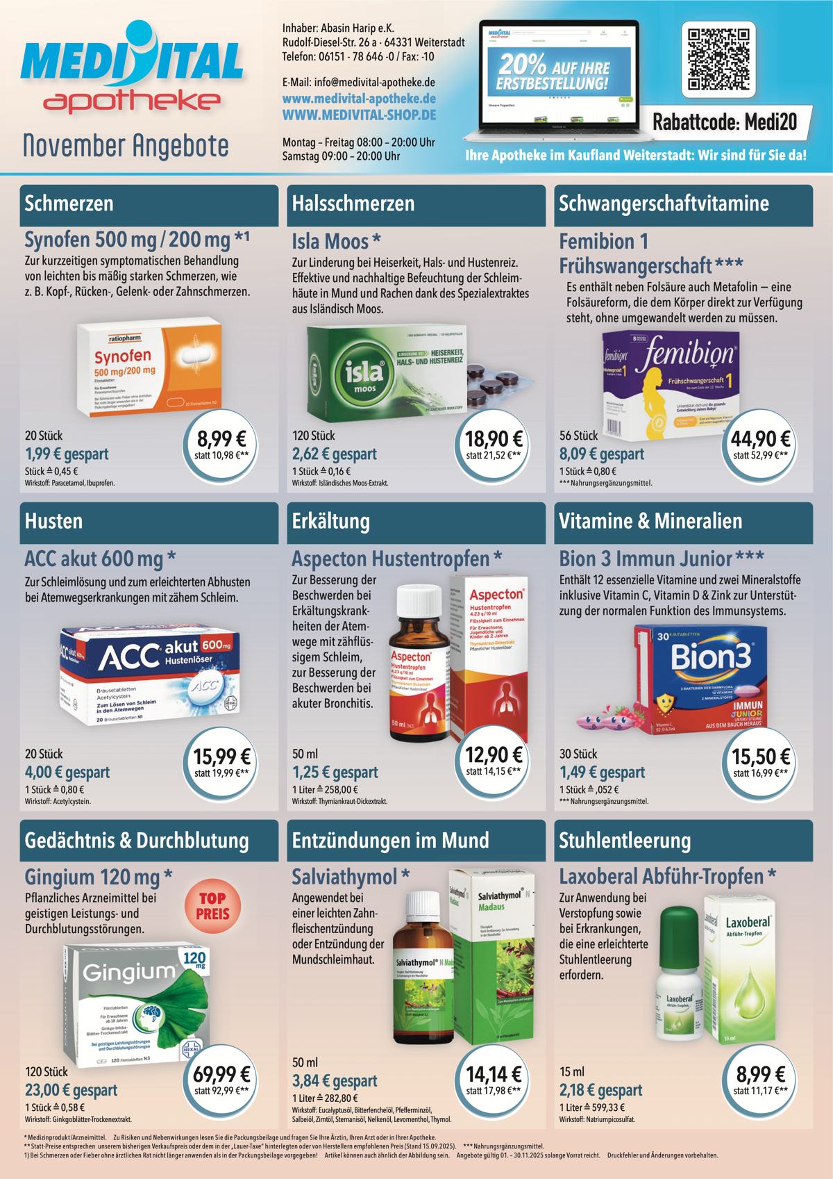 Monatlicher Angebotsflyer der Apotheke mit Informationen zu Öffnungszeiten, Leistungen, Aktionen und wechselnden Produktangeboten aus Bereichen wie Gesundheit, Pflege und Selbstmedikation.