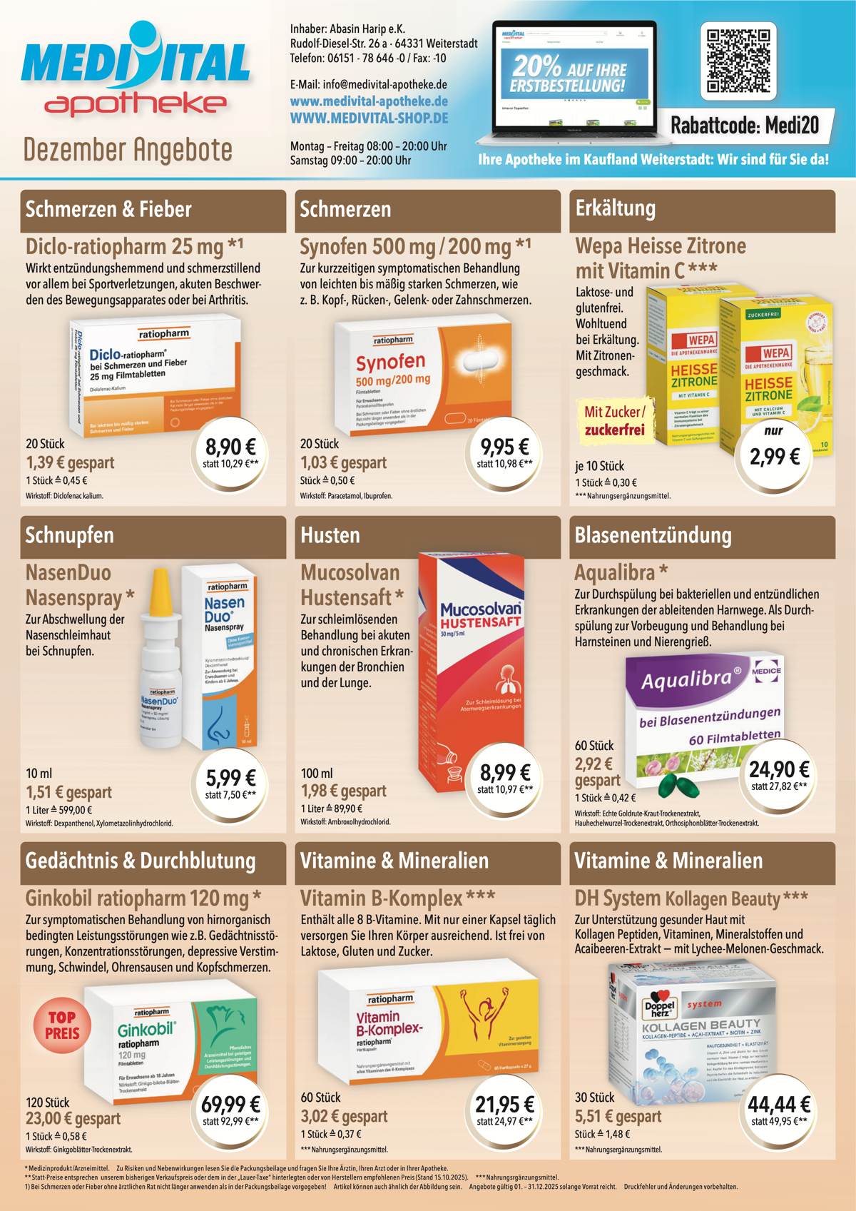 Monatlicher Angebotsflyer der Apotheke mit Informationen zu Öffnungszeiten, Leistungen, Aktionen und wechselnden Produktangeboten aus Bereichen wie Gesundheit, Pflege und Selbstmedikation.